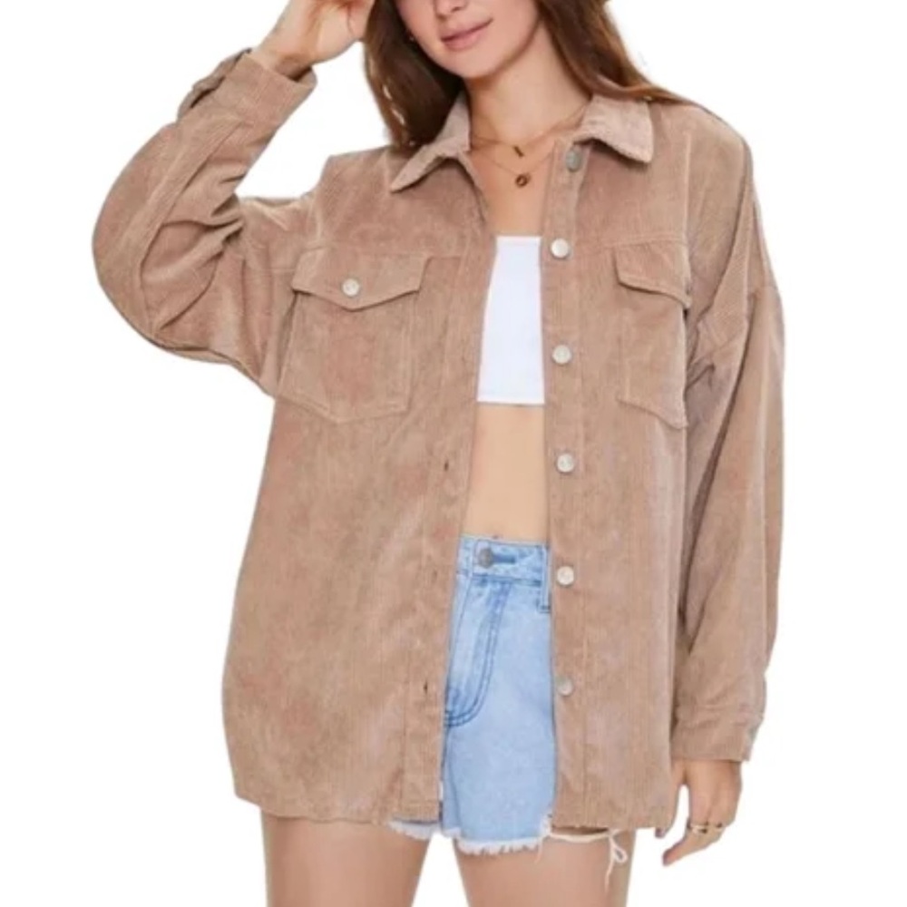 Tan Corduroy Button-Up Shirt Jacket